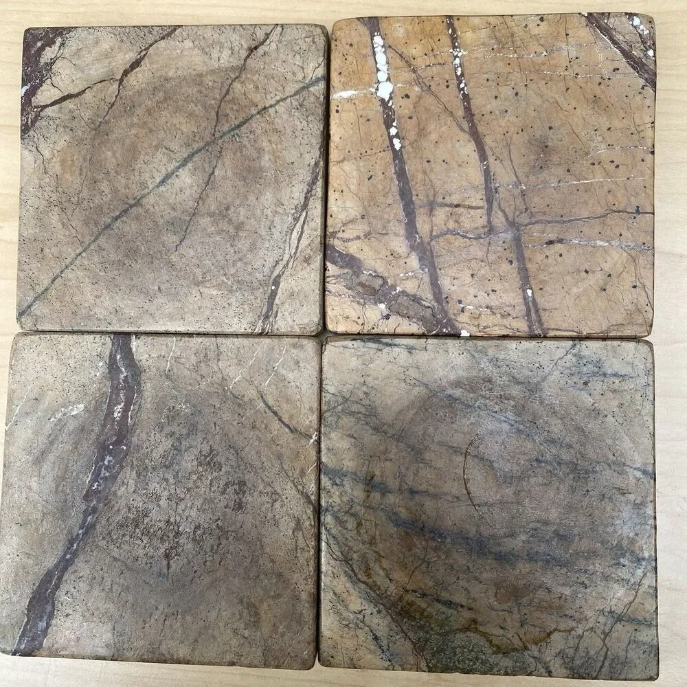 Marble Stone Coaster Set of 4 w Wood Holder Natural Veining Square Heavy